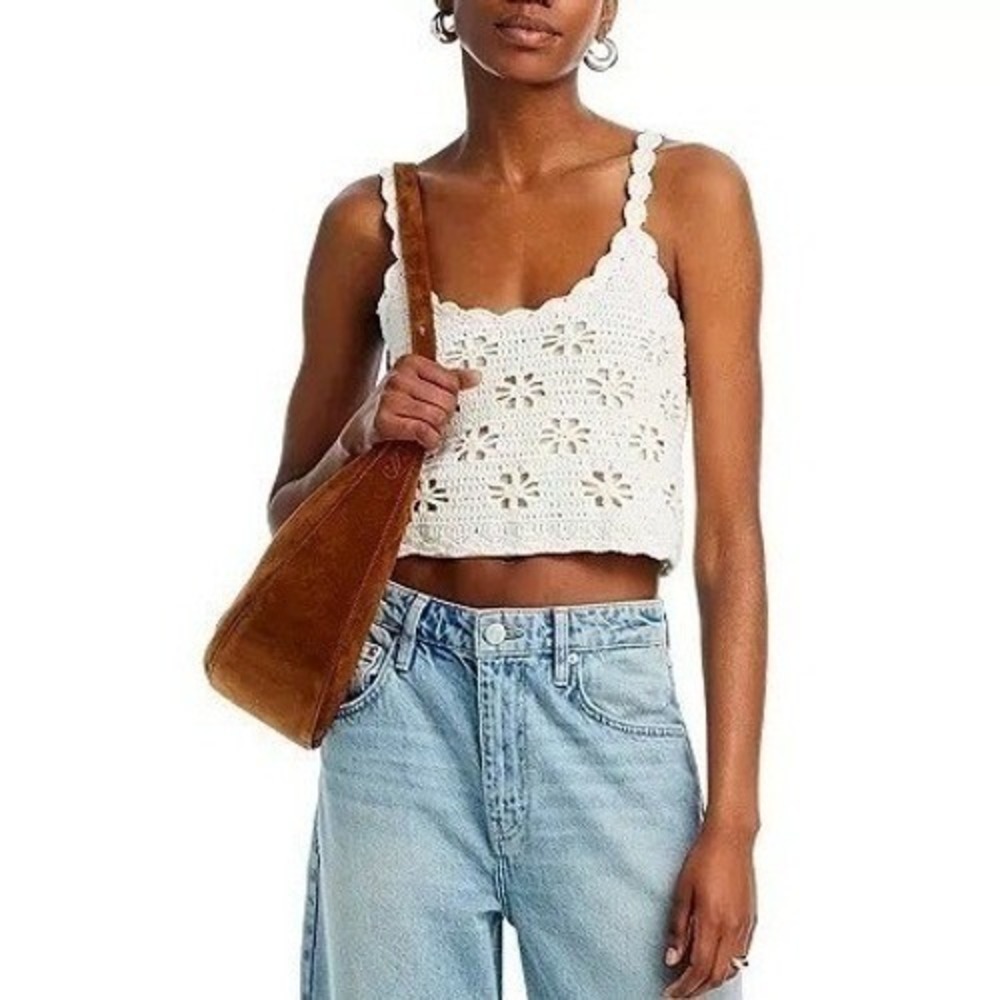 Line & Dot Crocheted Eyelet Cropped Tank Top Ivory MEDIUM NWT